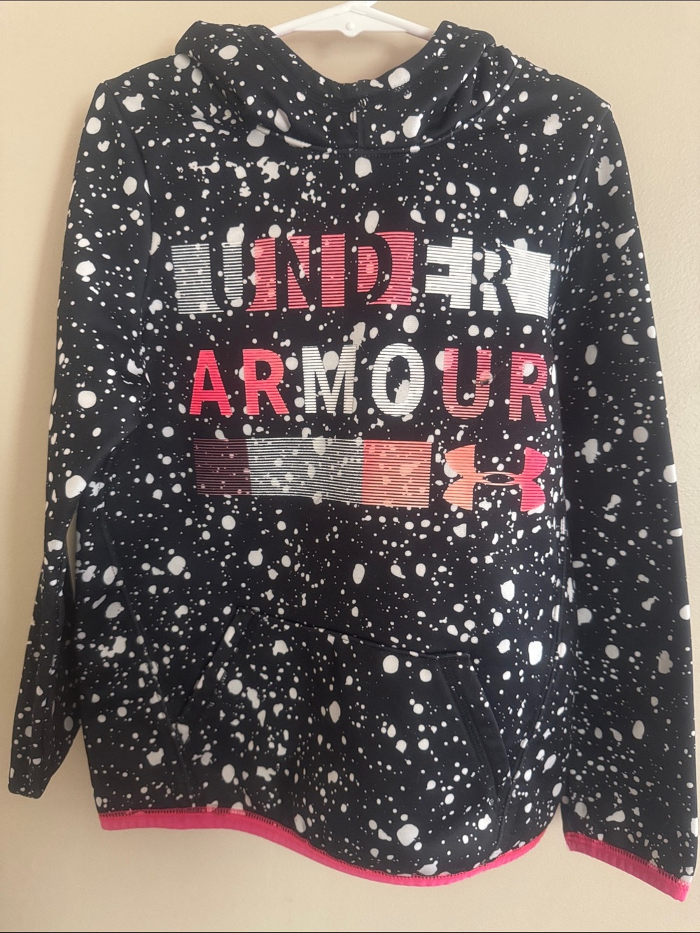 Under Armour Black Hoodie with Pink Logo and White Splatter